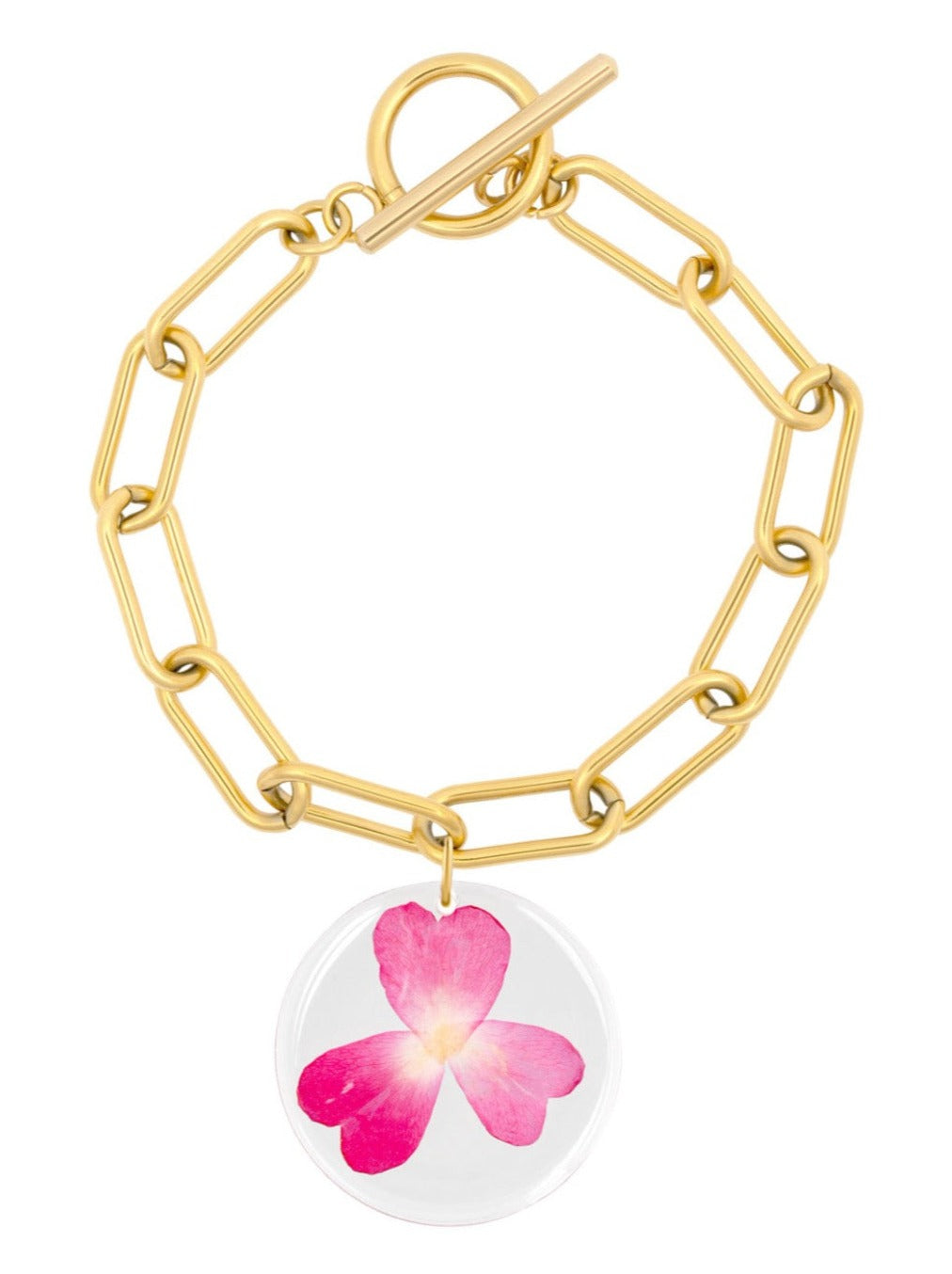 Rose petal pendant on gold chain bracelet.