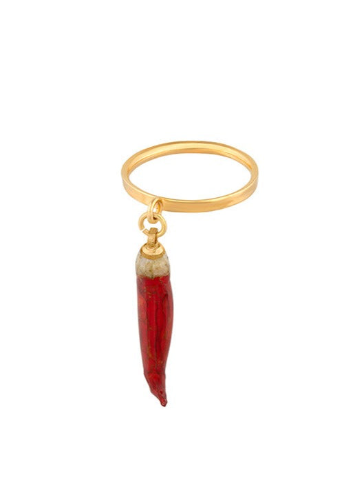 Mini chili charm pendant suspended from gold ring.