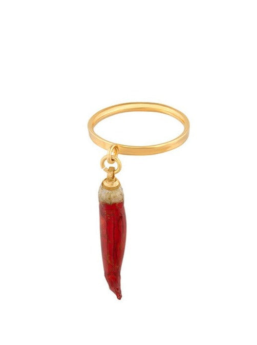 Mini chili charm pendant suspended from gold ring.