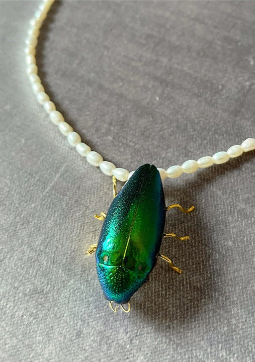 Resin coated beetle on beaded pearl necklace with gold clasp.