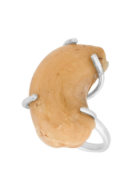 Cashew dipped in resin on silver ring band.