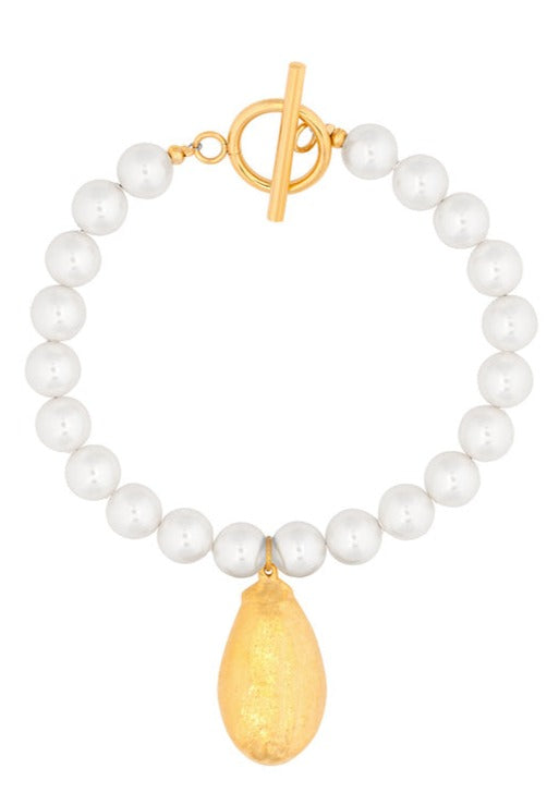 Swarovski glass pearl bracelet with 24k gold electroplated almond charm.
