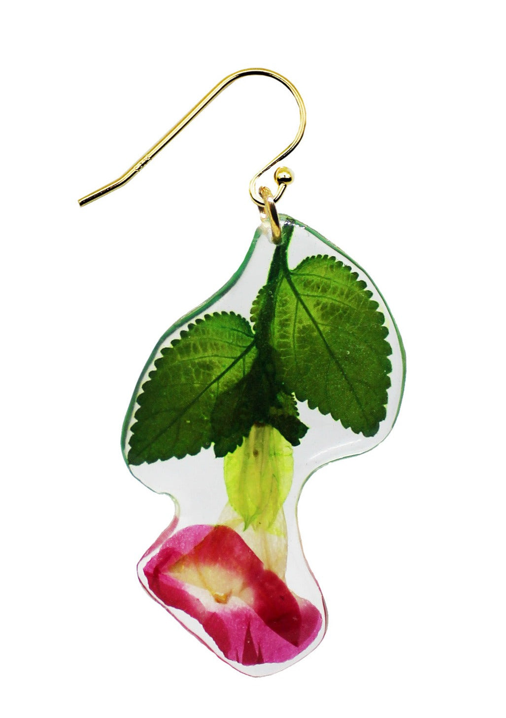 Resin Coated Blush Wishbone Flower with Green Leaves on a French Hook Earring