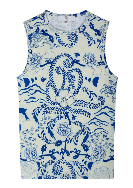 The platonically ideal high-cut tank top in our never-before-seen Chinoiserie printed jersey. Hand-illustrated print by designer Olivia Cheng, made with surplus fabric found at our studio.