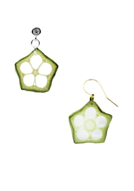 Resin Coated Slice of Okra on a Gold French Hook or Silver Stud with inset Rhinestone Earring
