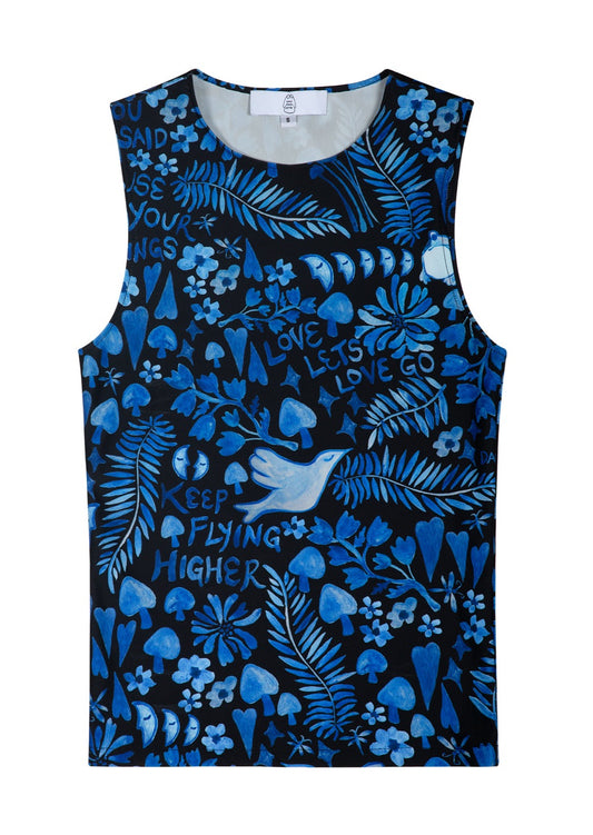 Printed recycled jersey sleeveless top in Lazy Boy Floral. Water resistant and can also be worn as a rash guard