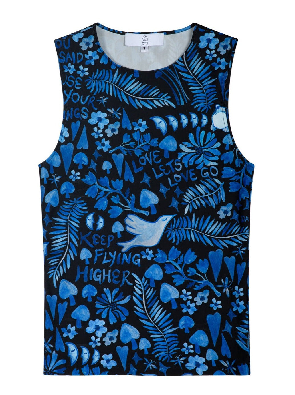 Printed recycled jersey sleeveless top in Lazy Boy Floral. Water resistant and can also be worn as a rash guard