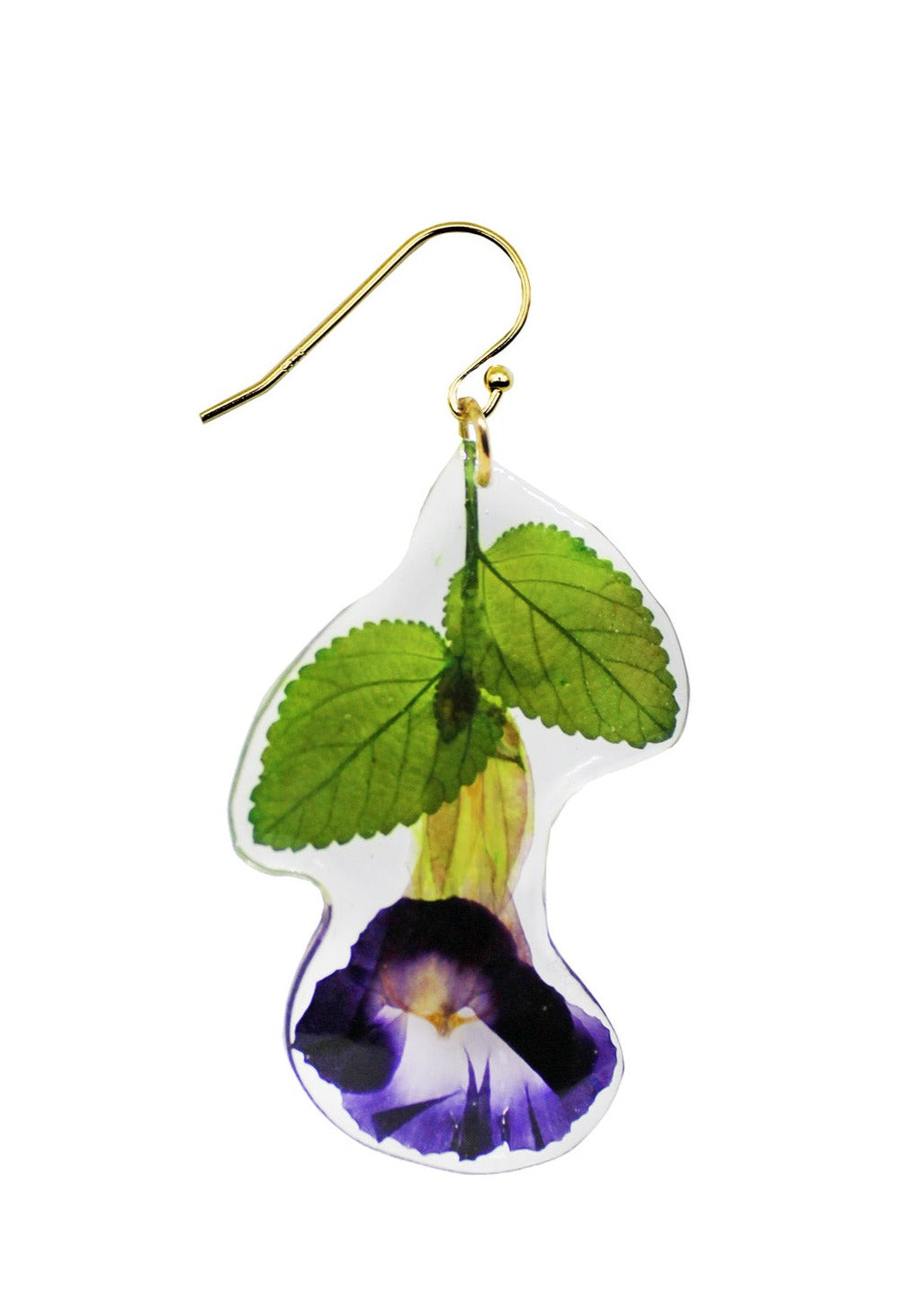 Resin Coated Purple Wishbone Flower with Green Stem on a French Hook Earring