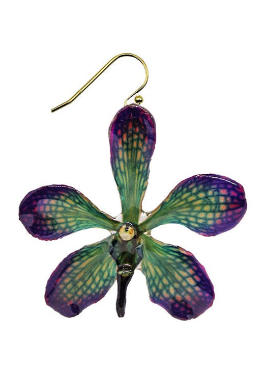 Resin Coated Green and Blue Mokana Orchid with hints of red on a French Hook Earring