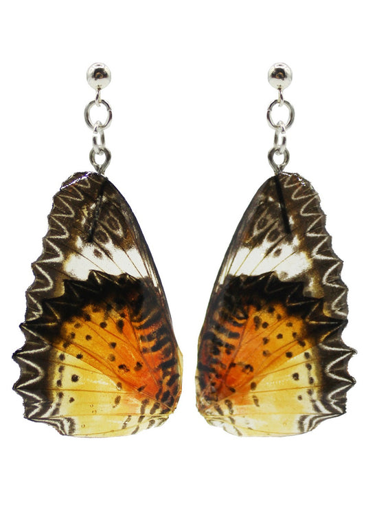 Risin coated orange, black, grey, and white spiky butterfly wing on dangly stud earrings.