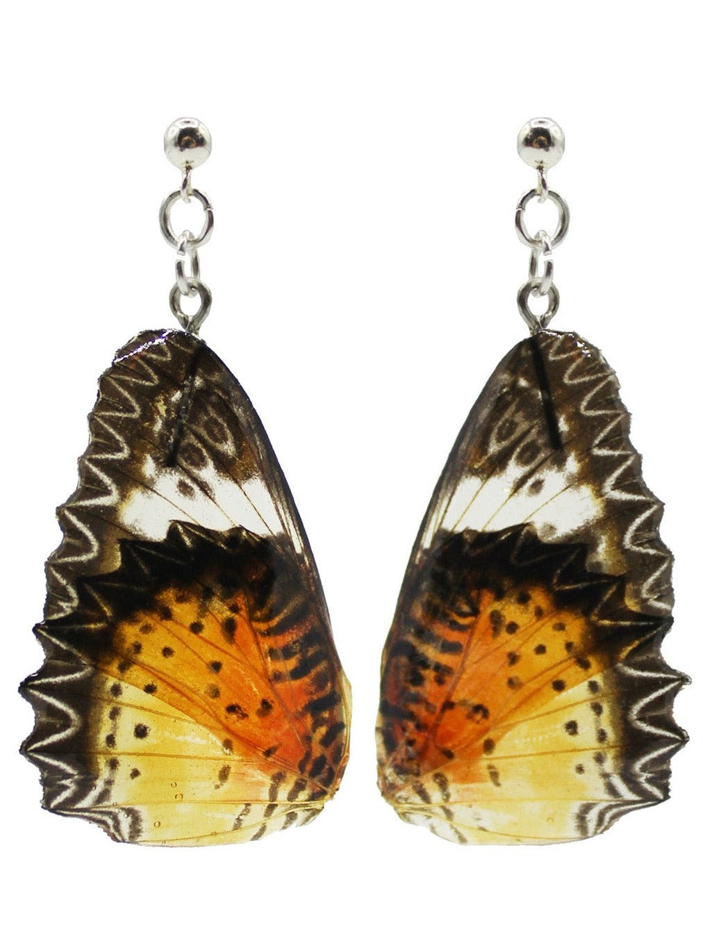 Risin coated orange, black, grey, and white spiky butterfly wing on dangly stud earrings.