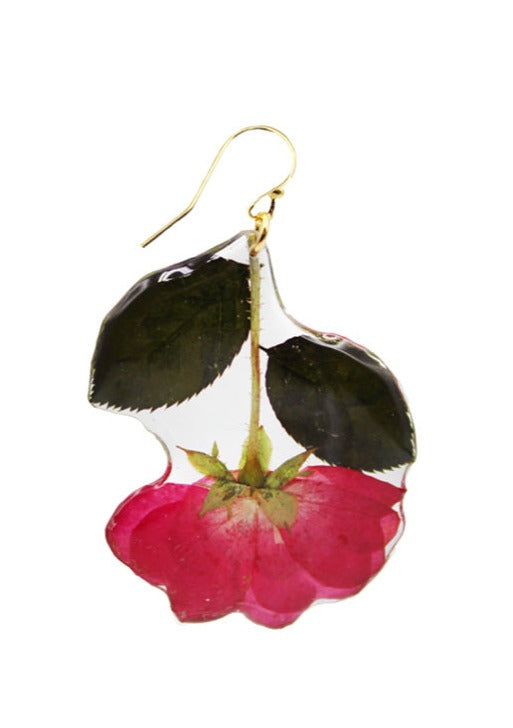 Resin Coated Pink Tea Rose with Leaves on a French Hook Earring