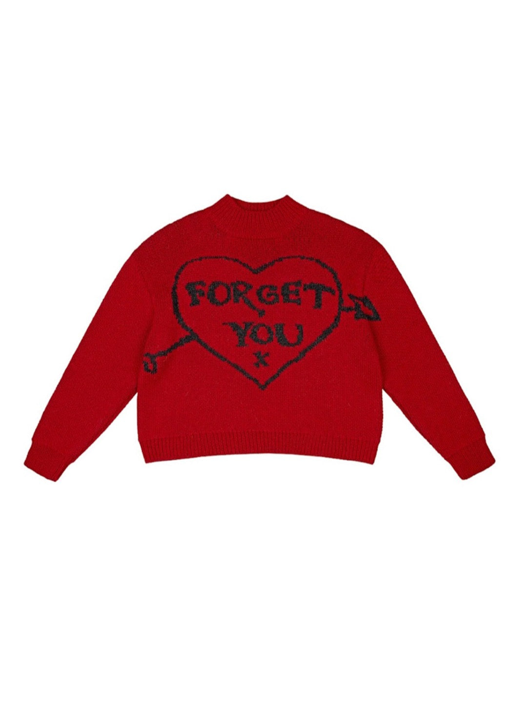 Scarlet red mock mock neck sweater with signature jacquarded "Forget You" heart motif. 