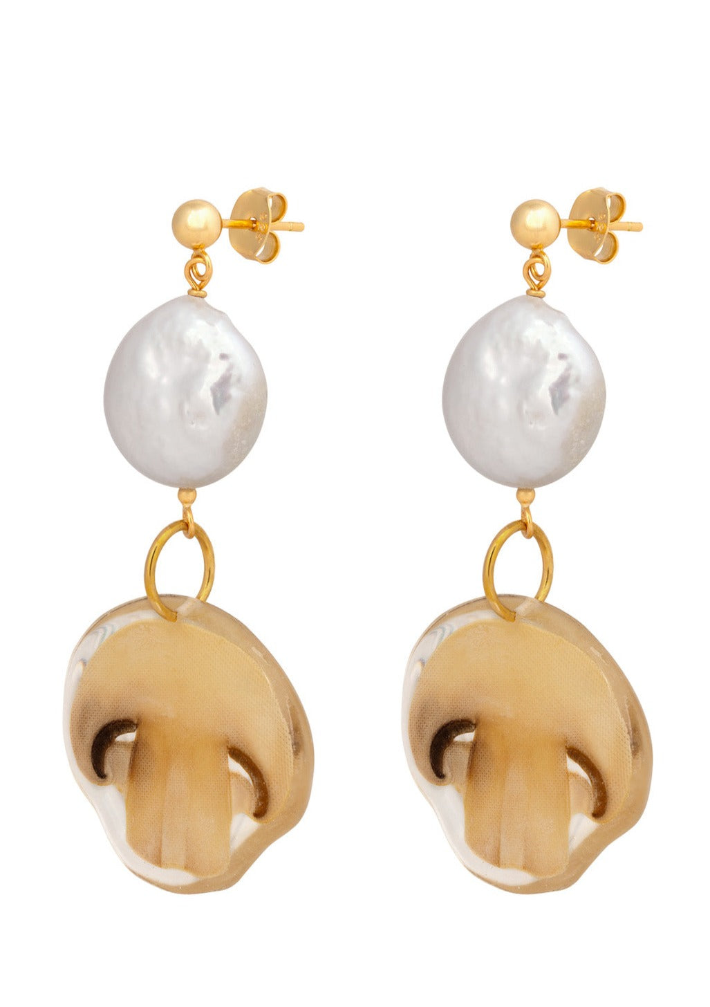 Resin Coated Mushroom slices with a Freshwater Pearl on Stud Earrings