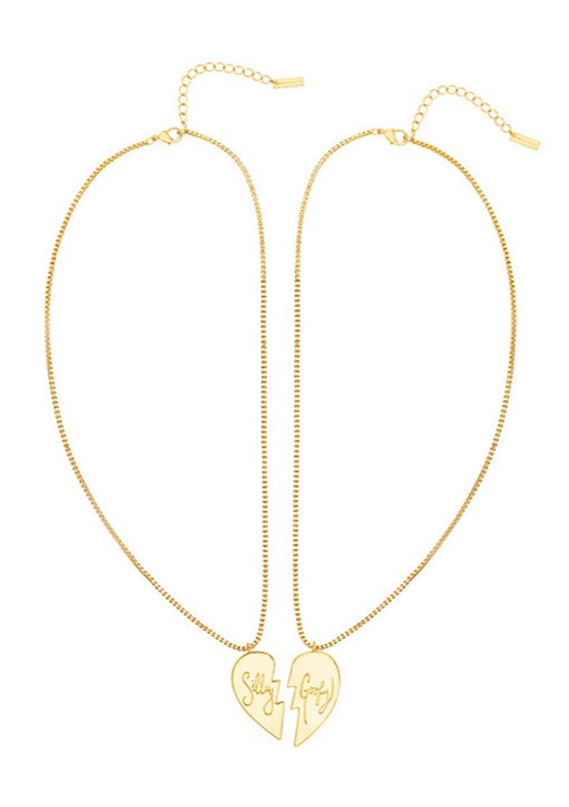 Gold Happy Hearts Necklace Pair with the words Silly and Goofy on each heart half on thin gold chain.