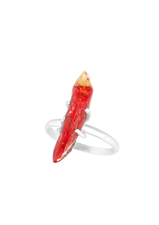 Chili preserved in resin on a silver ring band.