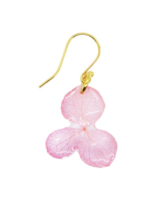 Resin Coated Pink Hydrangea with Three Petals on a French Hook Earring