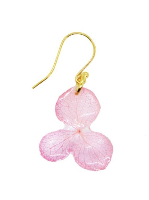 Resin Coated Pink Hydrangea with Three Petals on a French Hook Earring