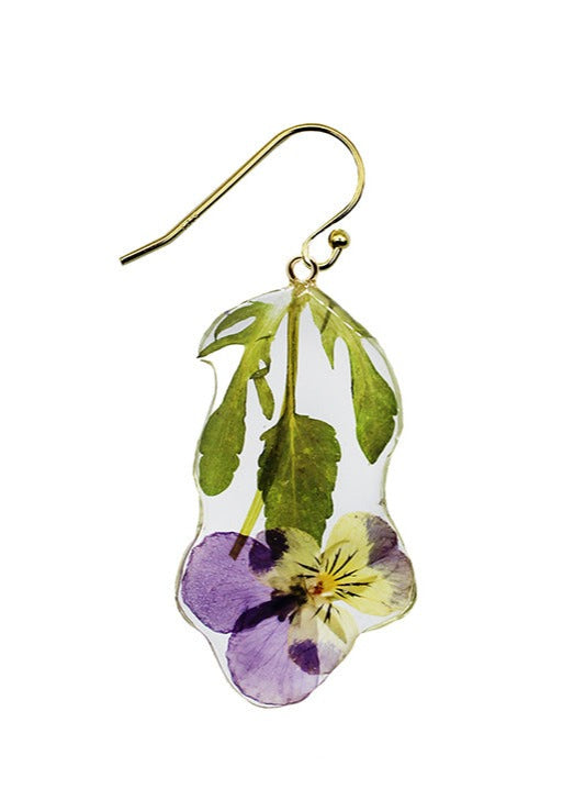 Resin Coated Yellow and Purple Pansy with Stem on a French Hook Earring
