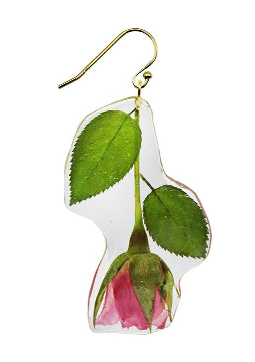 Resin Coated Pink Bubblegum Rose with a green stem on a French Hook Earring