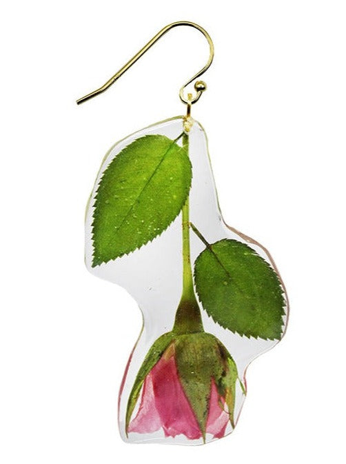 Resin Coated Pink Bubblegum Rose with a green stem on a French Hook Earring