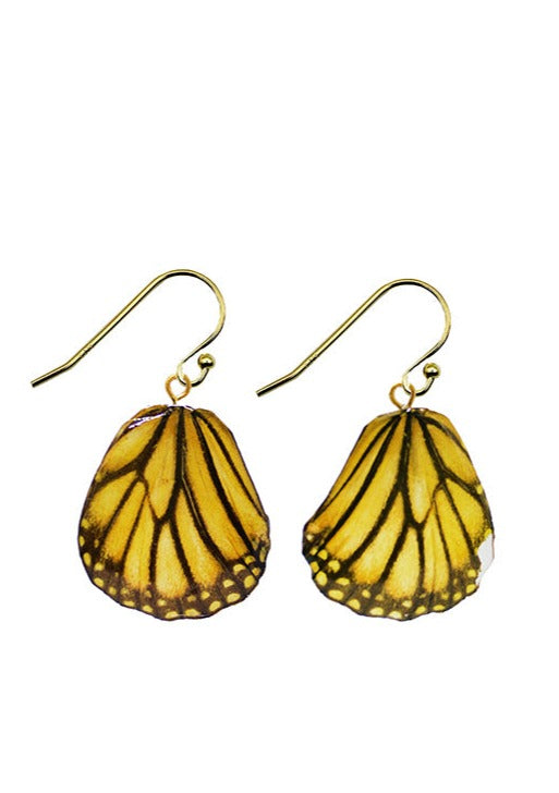 Resin coated black and yellow butterfly wing on French hook earrings