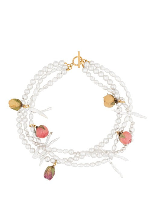 Tripled stranded freshwater and glass pearl necklace with mixed preserved rosebuds and gold clasp.