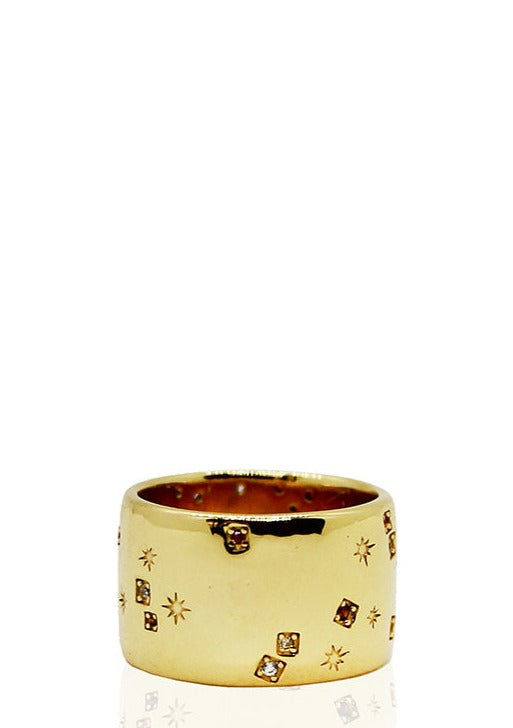Gold cigar band inscribed with handwritten "Do Not Disturb" script and is inset with a constellation of sparkling rubies and CZ stones.