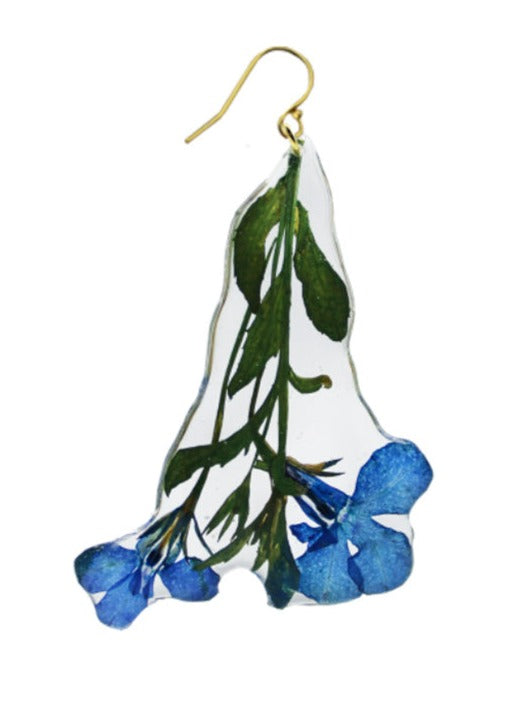 Resin Coated Blue Lobelia with Green Stem on a Gold French Hook Earring