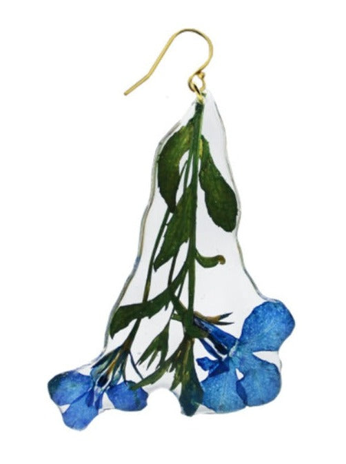 Resin Coated Blue Lobelia with Green Stem on a Gold French Hook Earring