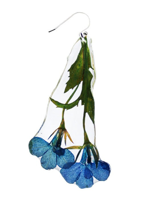 Resin Coated Blue Lobelia with Green Stem on a Gold French Hook Earring