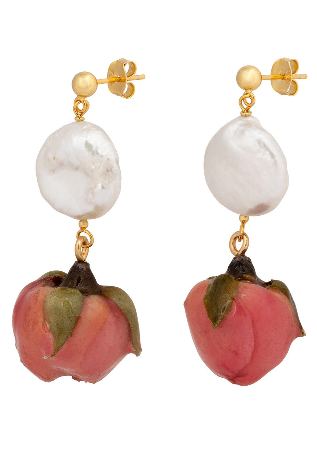 18k Gold plated .925 sterling silver studs with freshwater pearl and sakura rosebud charm