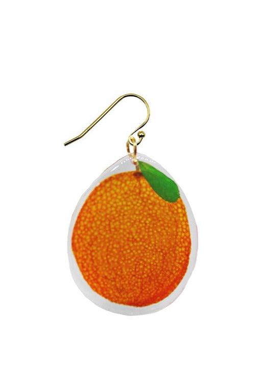 Resin Coated Whole Round Kumquat with green leaf on a French hook Earring