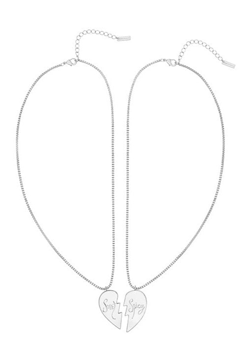 Silver Happy Hearts Necklace Pair with the words Sweet and Spicy on each heart half on thin silver chain.