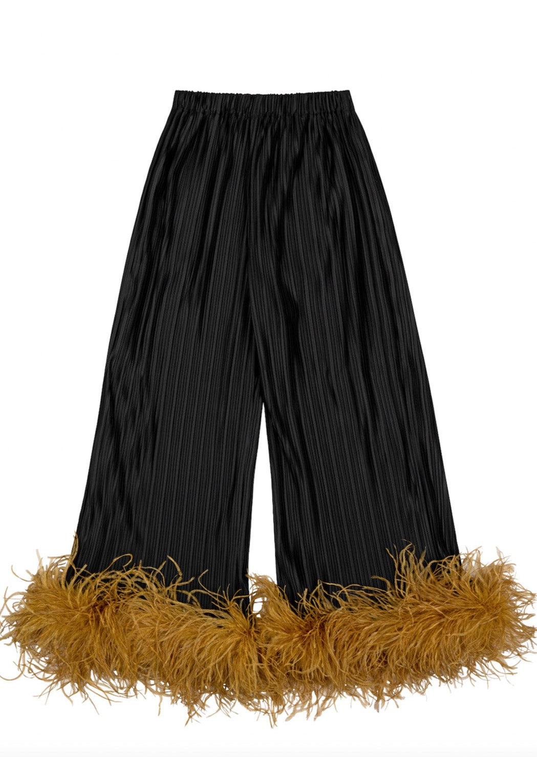 The perfect partner to your late night disco, these swingy pleated high waist trousers are finished in a sweep of ginger-hued feathers.