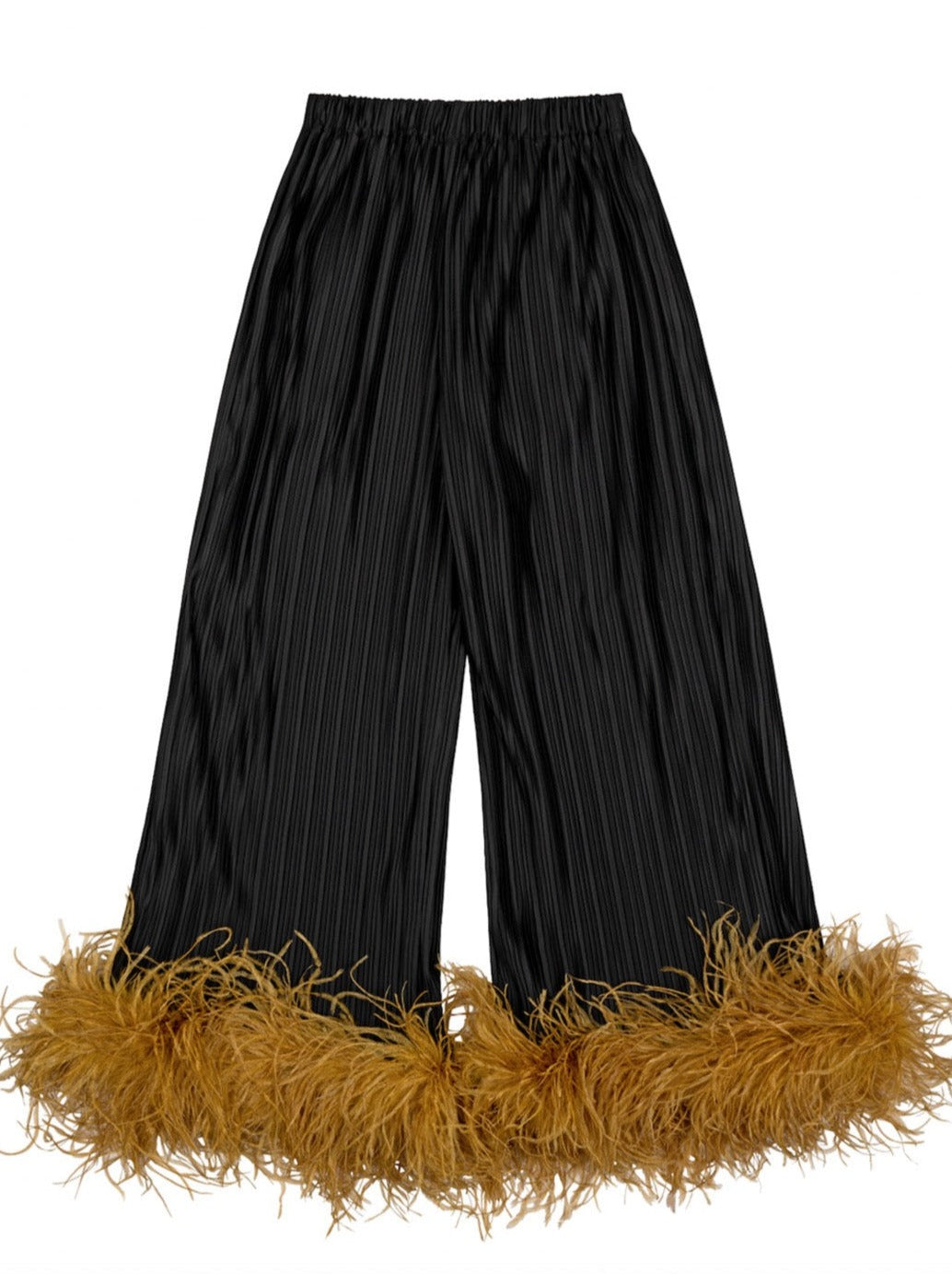 The perfect partner to your late night disco, these swingy pleated high waist trousers are finished in a sweep of ginger-hued feathers.