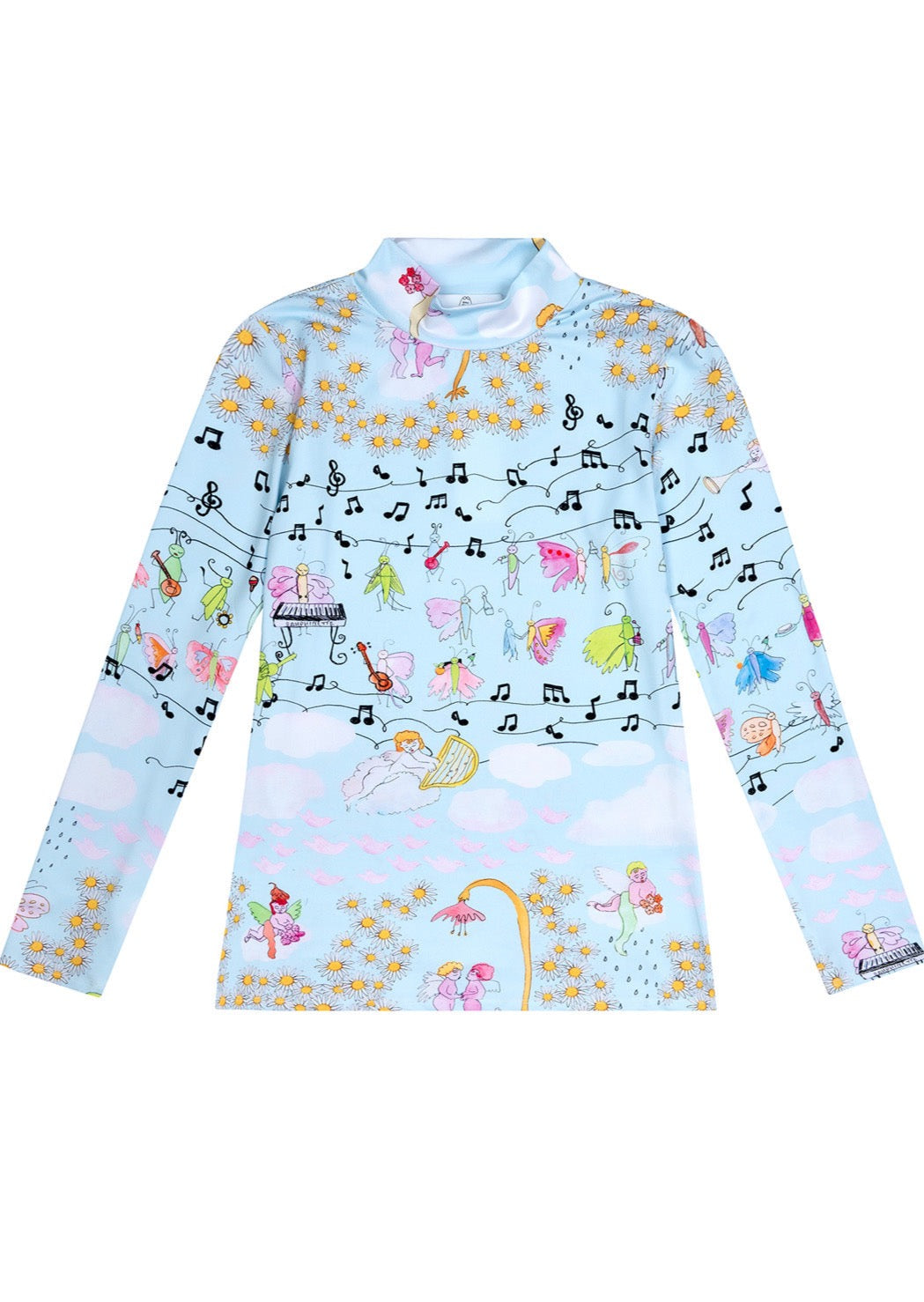 Our signature body-hugging turtleneck in Bad Girls Go to Heaven print. Meticulously joyful, Bad Girls Go to Heaven features hand-illustrated in happy dancing bugs and high-flying cherubs.