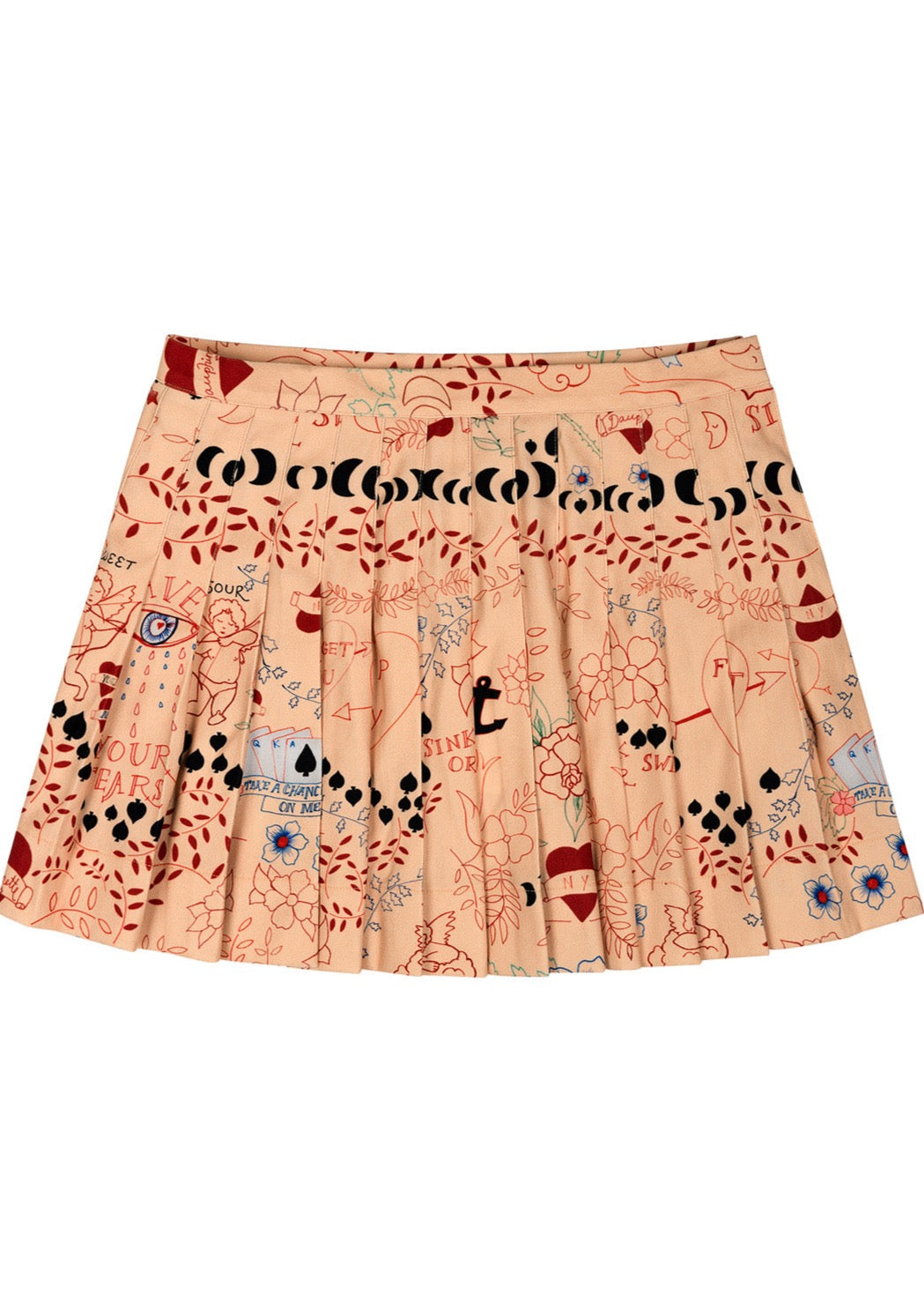 Pleated mini skirt in signature Tattoo You print, hand-illustrated by designer Olivia Cheng.