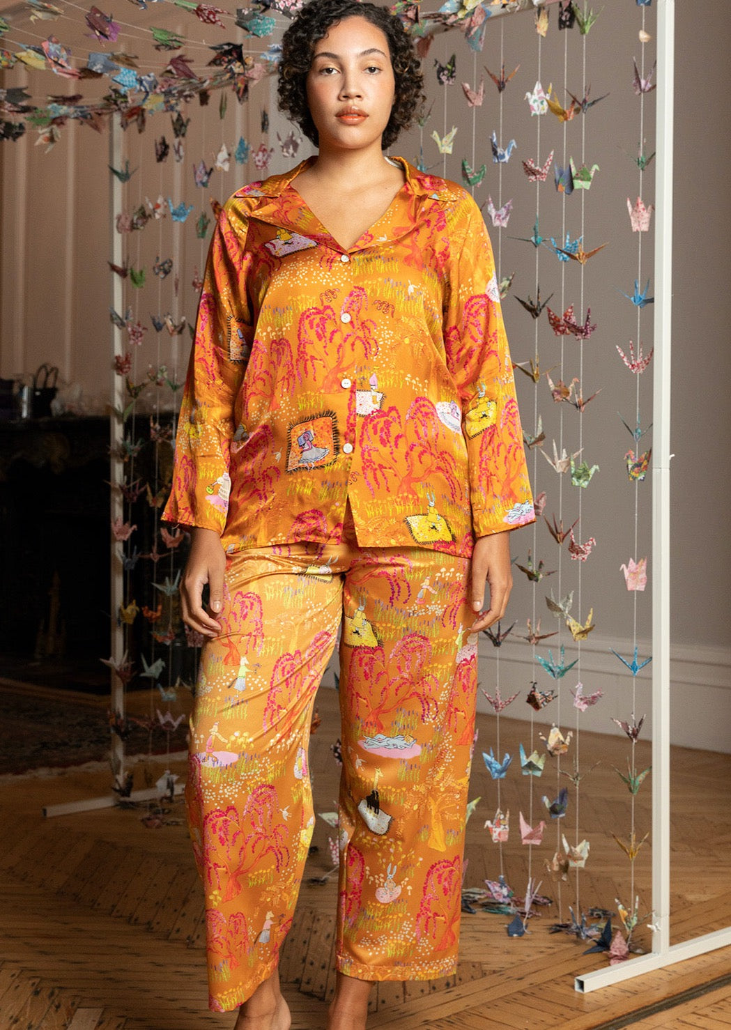 Relax into angelically soft viscose, printed in our SS22 Whiskey Business print. Happily suited animals relax, dance, and situate amongst frabjously fuchsia willow trees-- a guaranteed mood lift.