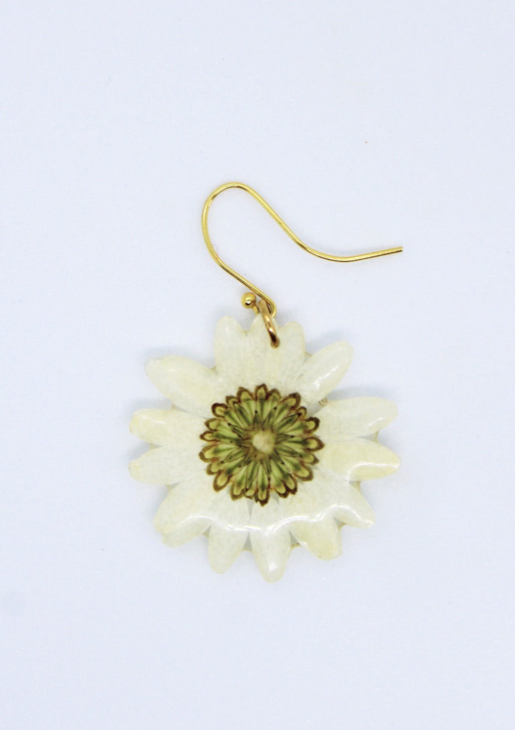 Resin coated miniature white Daisy with yellow center on French Hook Earring