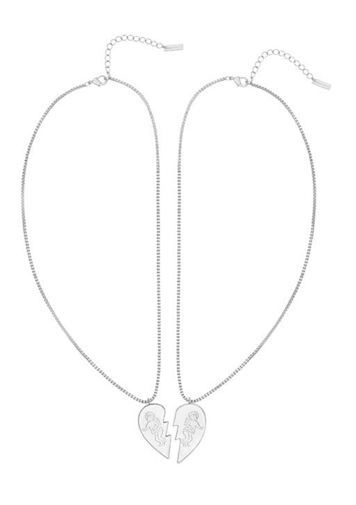 Silver Happy Hearts Necklace Pair with the cherubs on each heart half on thin silver chain.