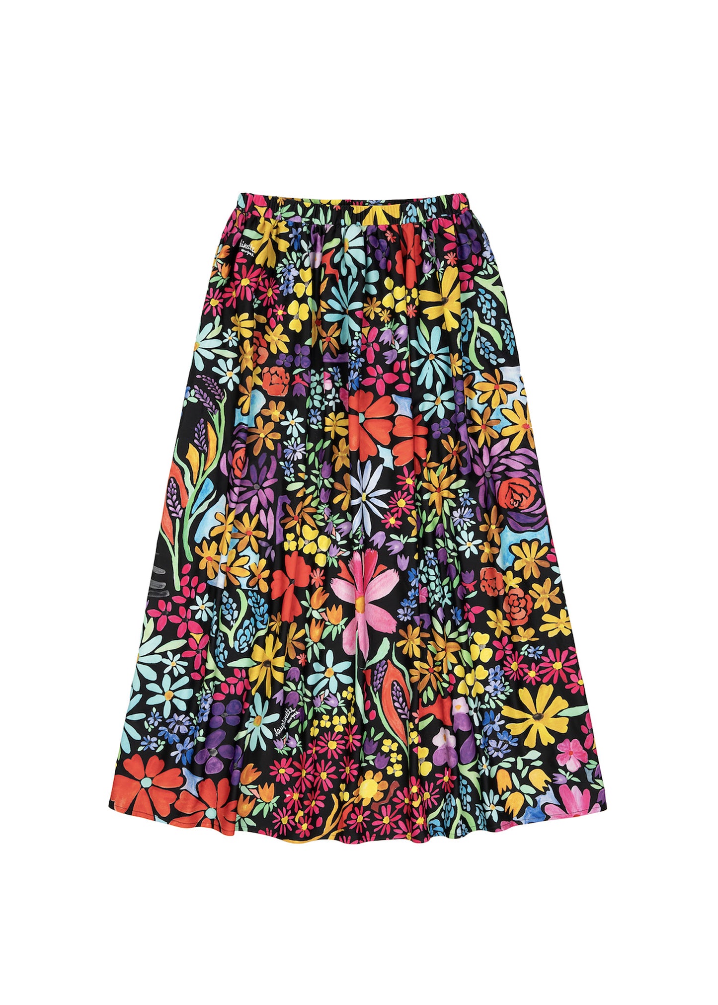 Midi length pull on skirt in our Wonderland Flora print on a black base, hand-illustrated by designer Olivia Cheng.