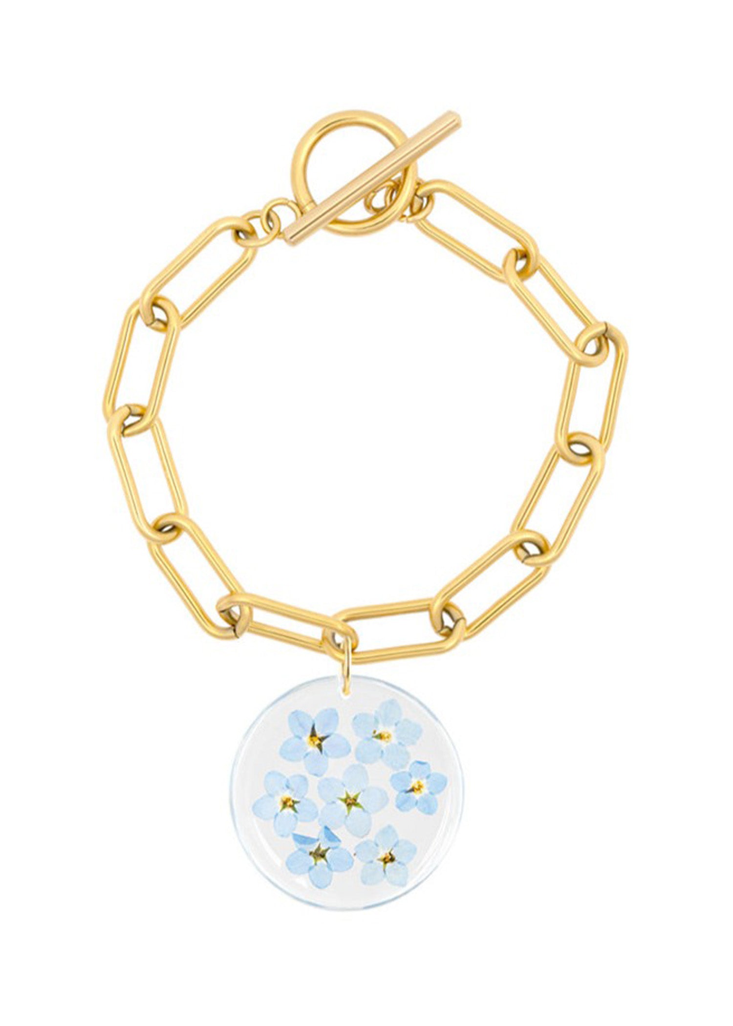 Real forget-me-not flowers suspended from a gold Albert chain with a toggle clasp