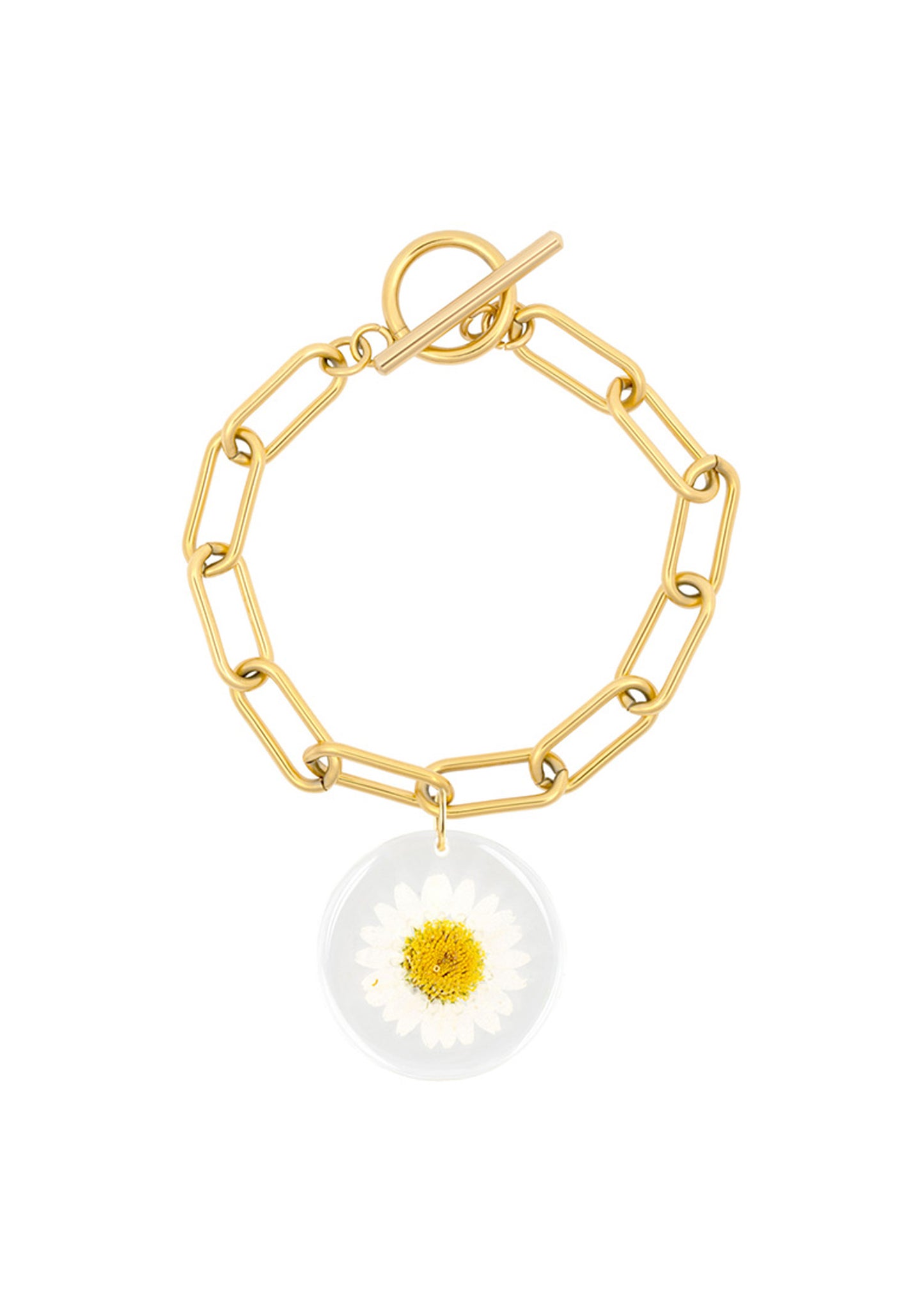 Daisy pendant on gold chain bracelet.