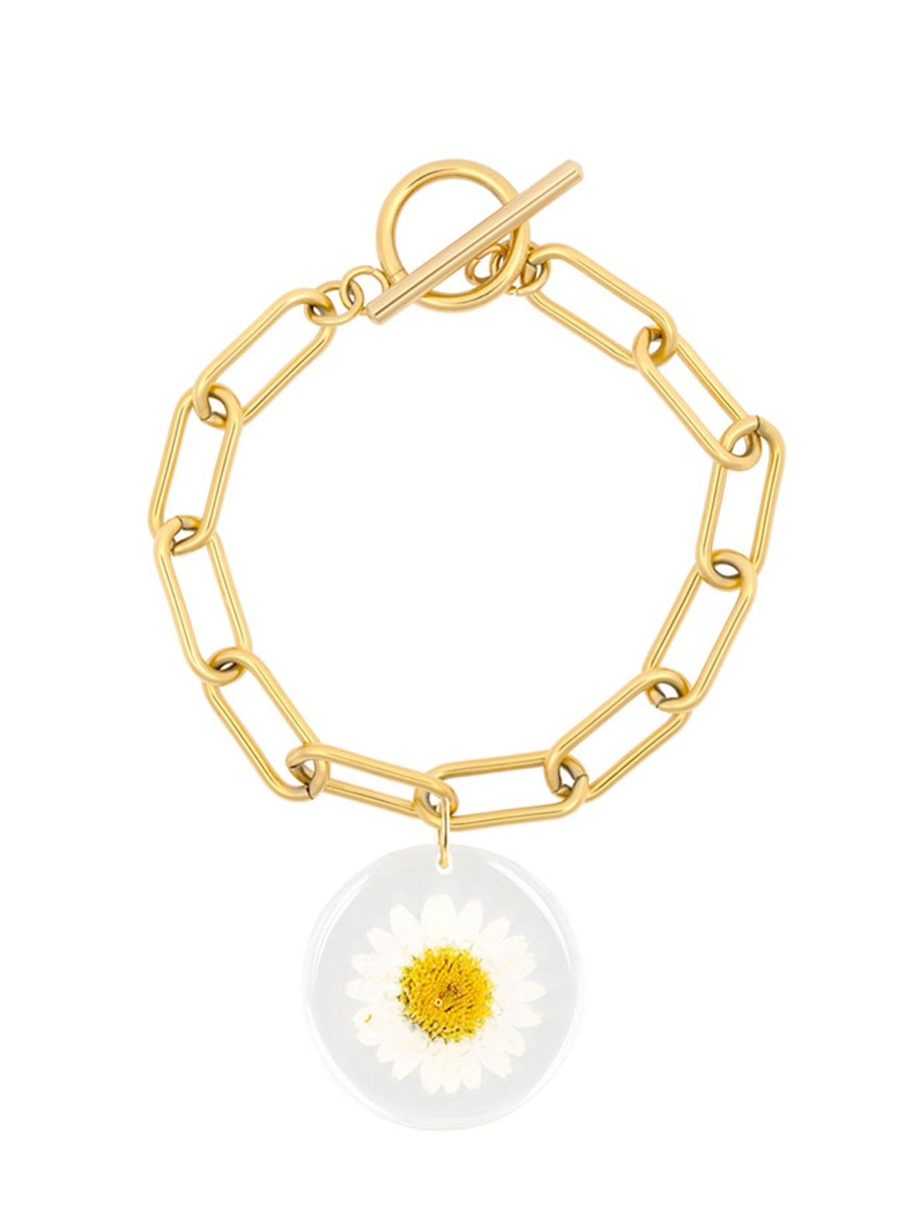 Daisy pendant on gold chain bracelet.