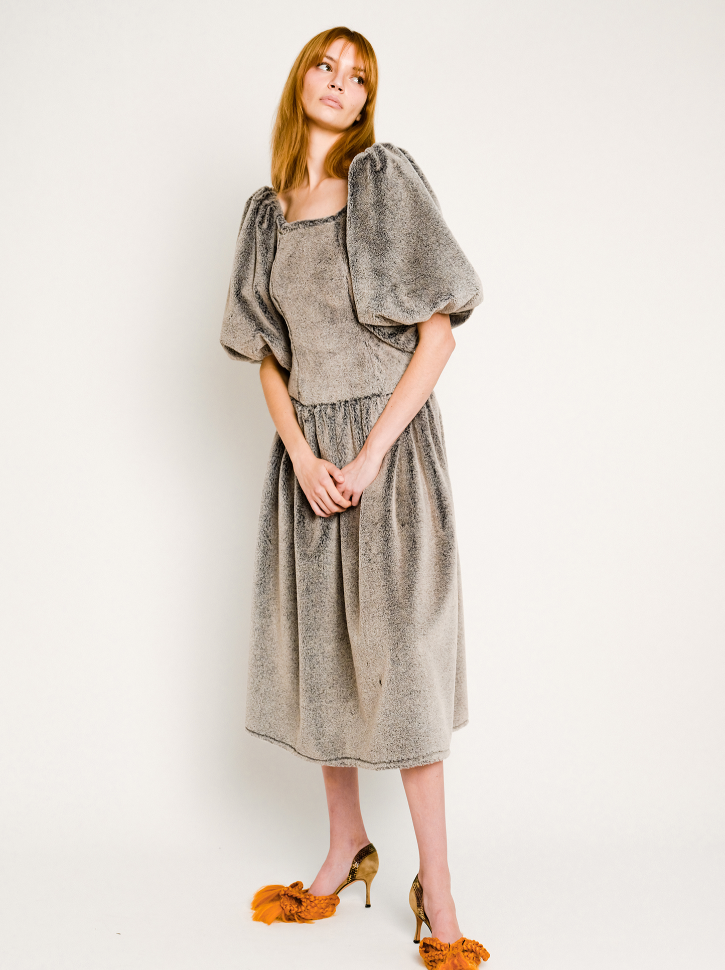 Mamie Dress in Anthracite Faux Fur