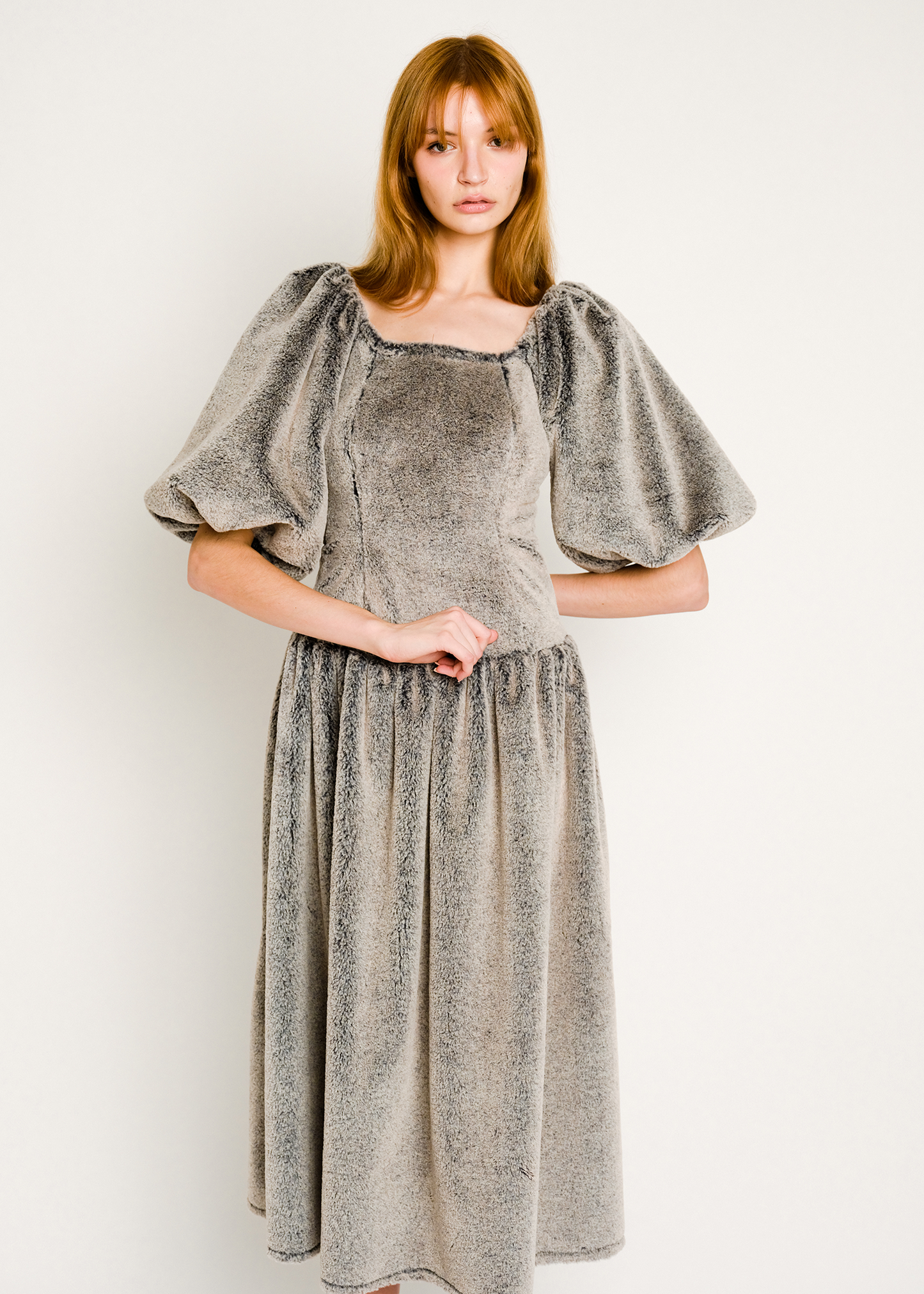 Mamie Dress in Anthracite Faux Fur