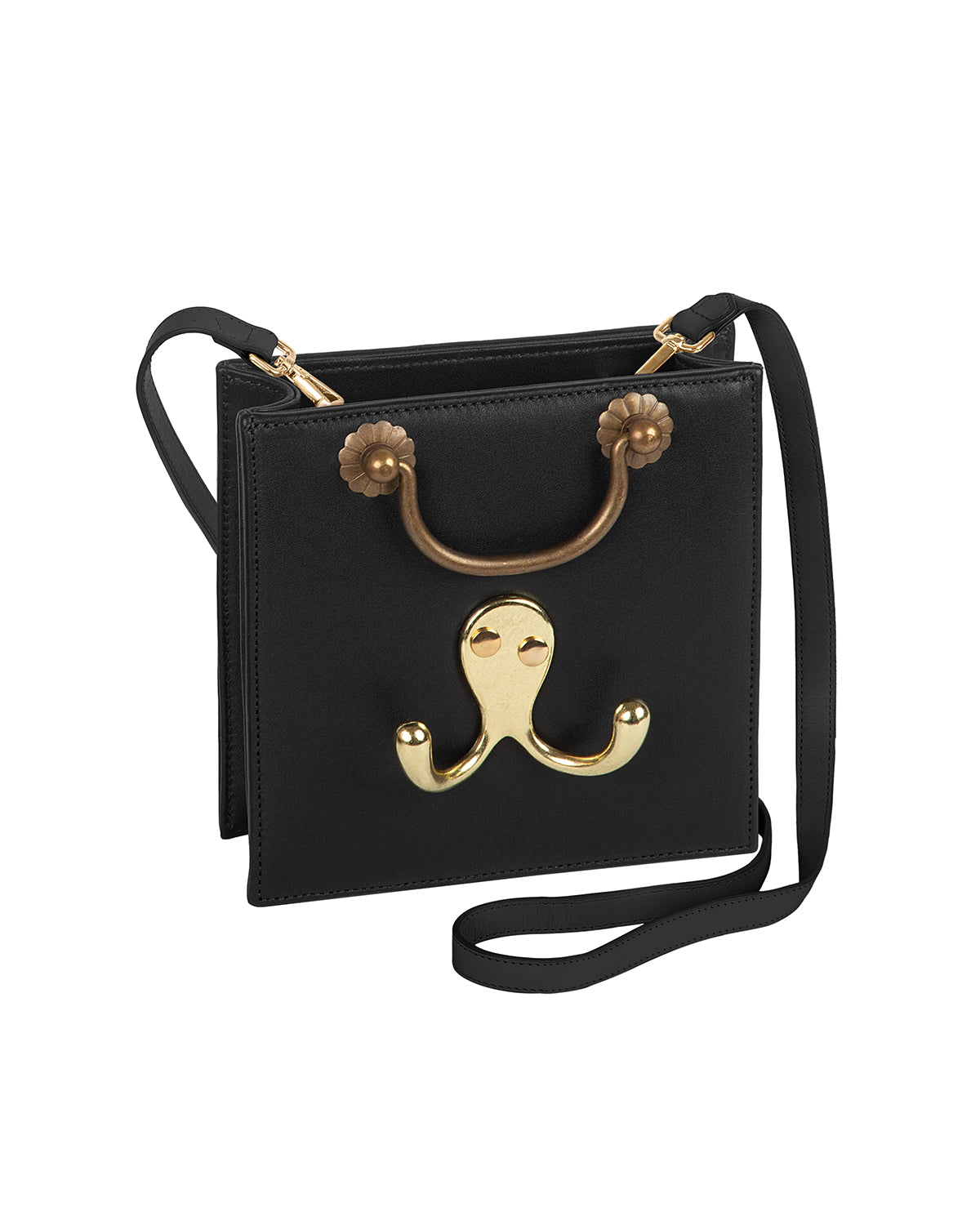 Mini black leather bag with gold handle and hanger hardware.