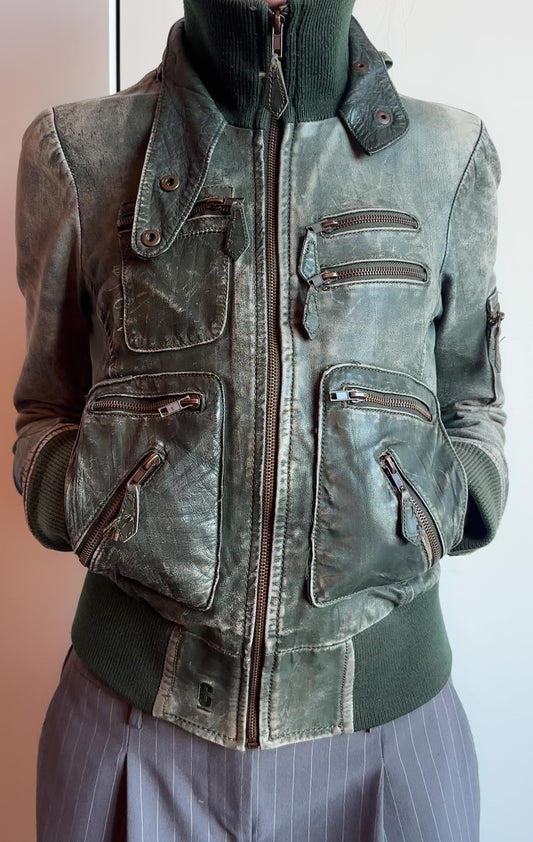 2000s Distressed Leather Cargo Jacket