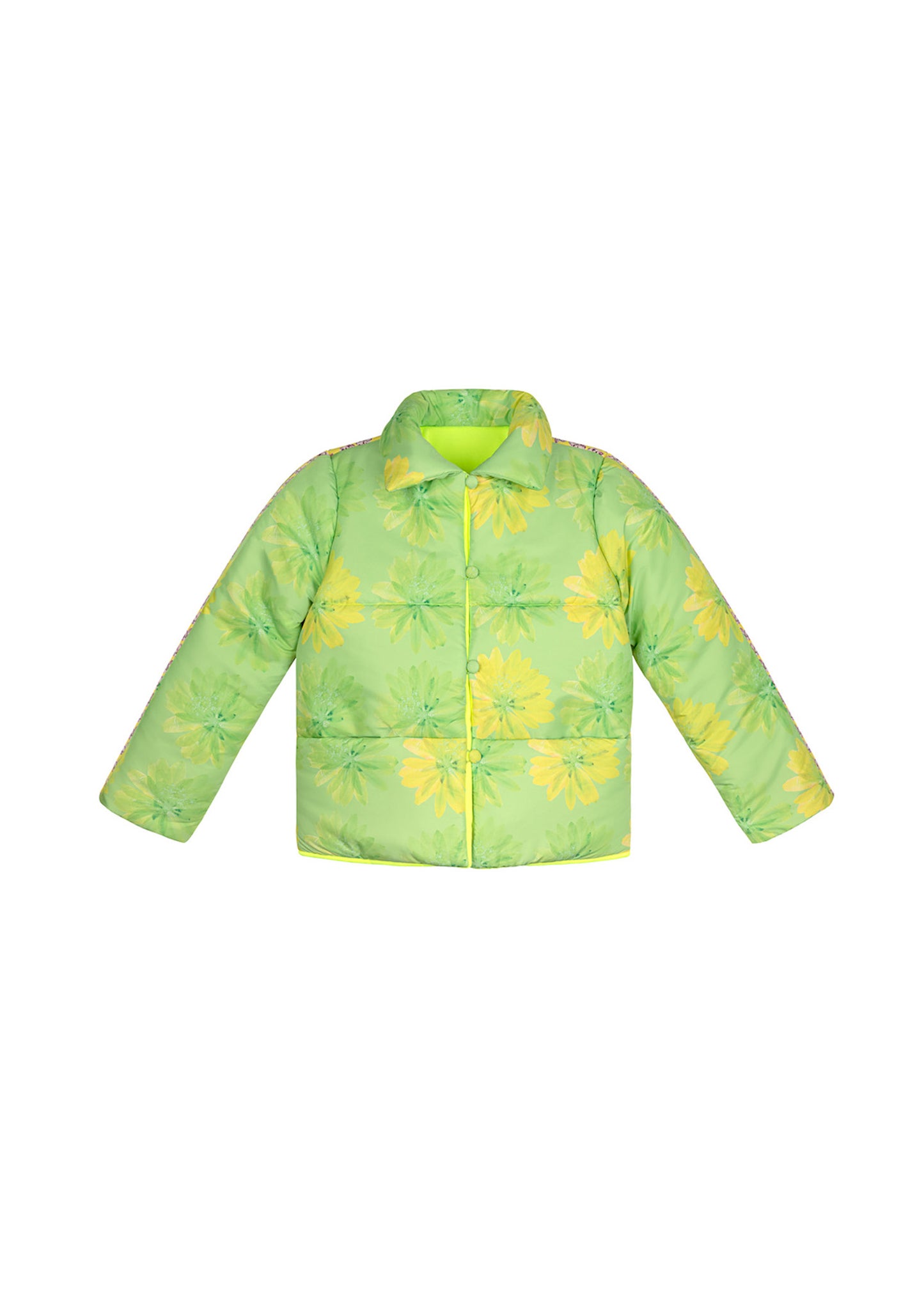 The world's most joyful, coziest puffer in neon orchid and neon lotus recycled polyester. The flowers for these prints were grown and pressed by designer Olivia Cheng's mother.